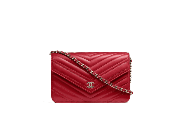 Red quilted flap chain wallet
